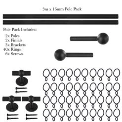 3m 16mm Cannonball Pole Pack In Matt Black -Home Decor Shop 816mb 20